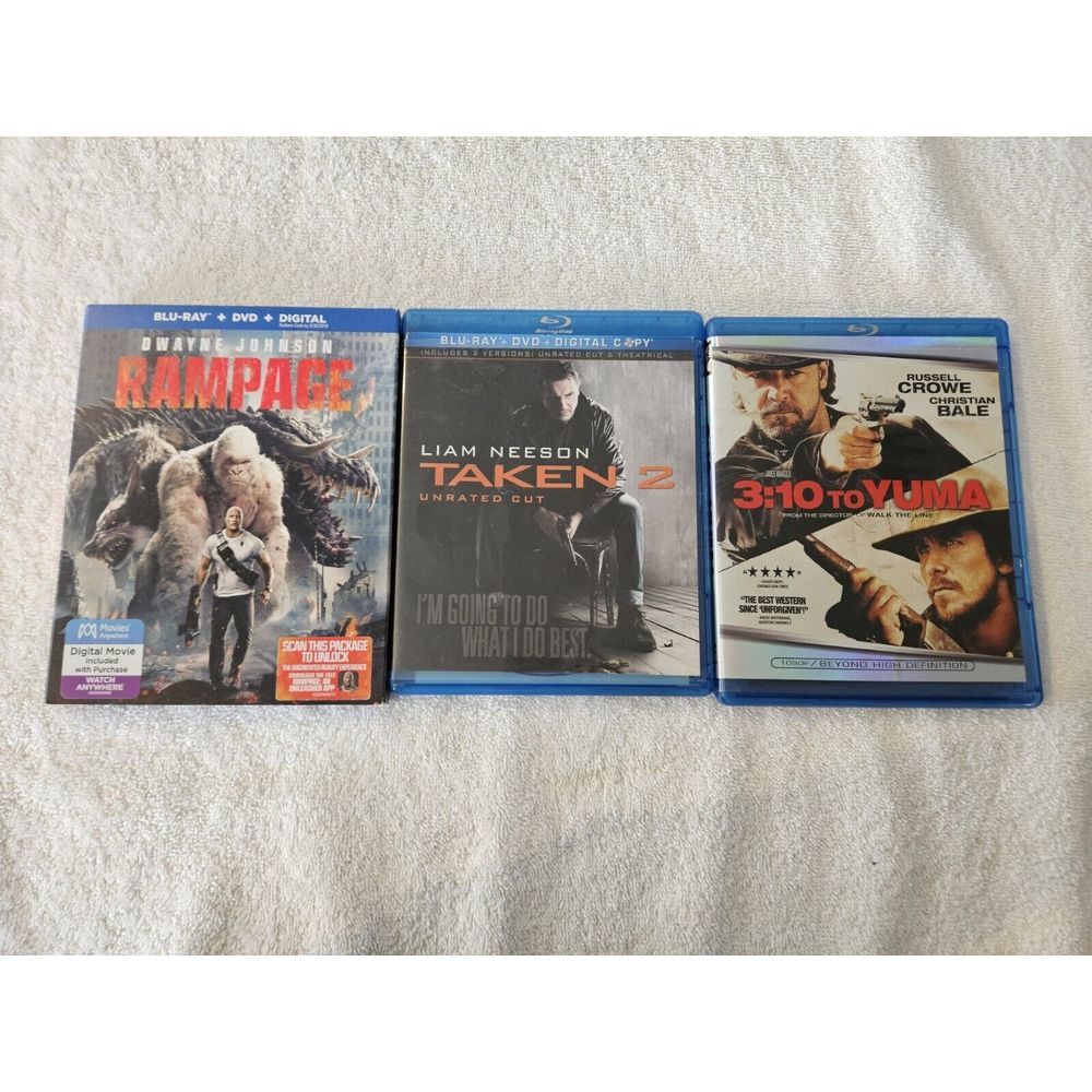 Blu-ray Mixed 3 Movie Action Bundle Rampage, Taken‎ 2, 3:10 To Yuma CIB